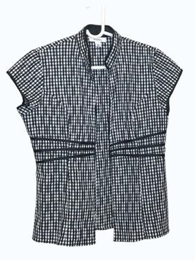 Dressbarn Black White Gingham Blouse Women’s Medium Cap Sleeve Pleated Top